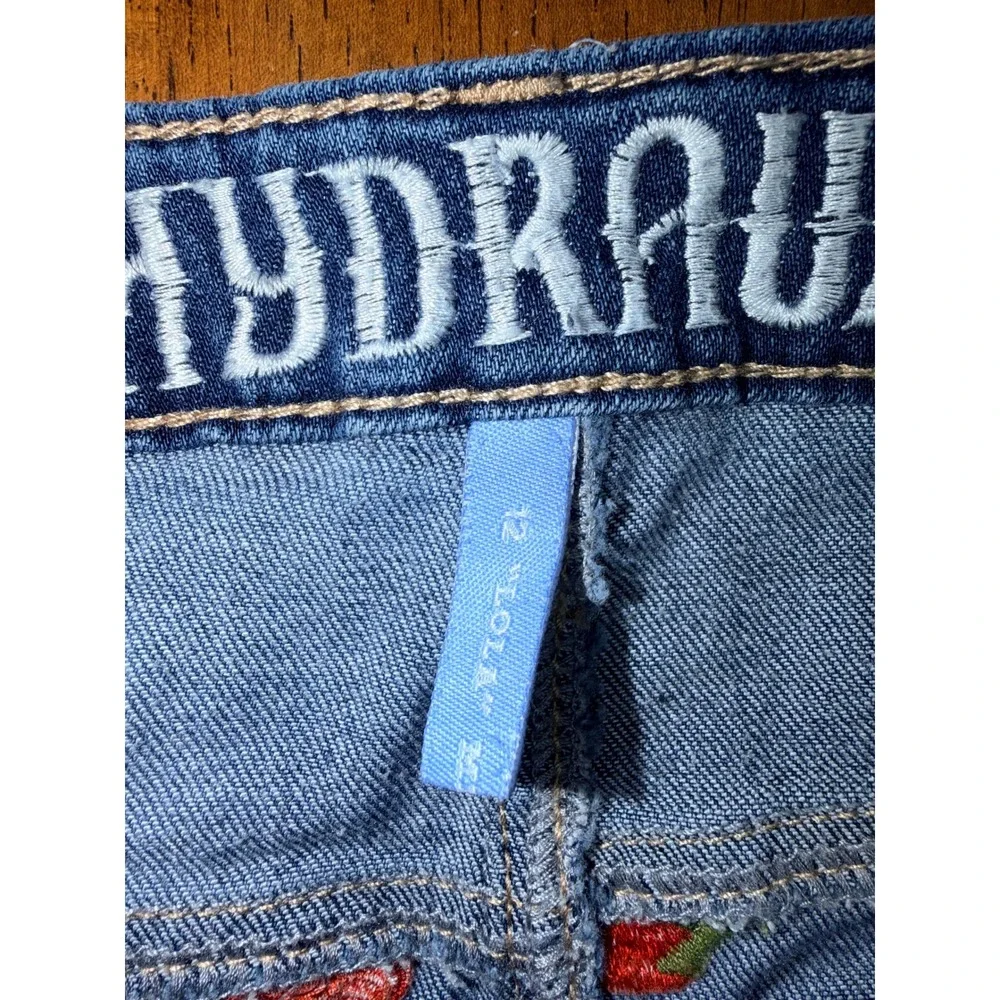 Hydraulic Denim Skirt Women 12 Blue Excellent Rose Embroidered Raw Hem Mini